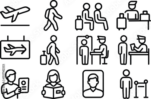 Airport Travel Icons Set Outline Style Plane Passenger Security Check In Customs Luggage Waiting Area