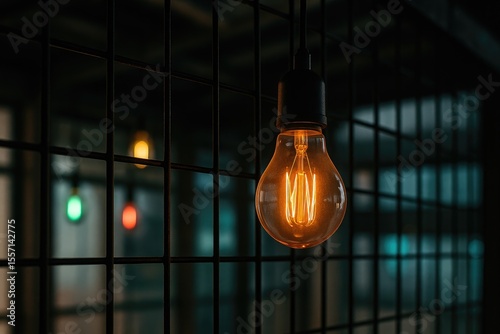 Indoor illumination featuring a tungsten orange bulb enclosed by a black iron fence, surrounded by multi-colored electric lighting with a soft-focus, high-contrast effect