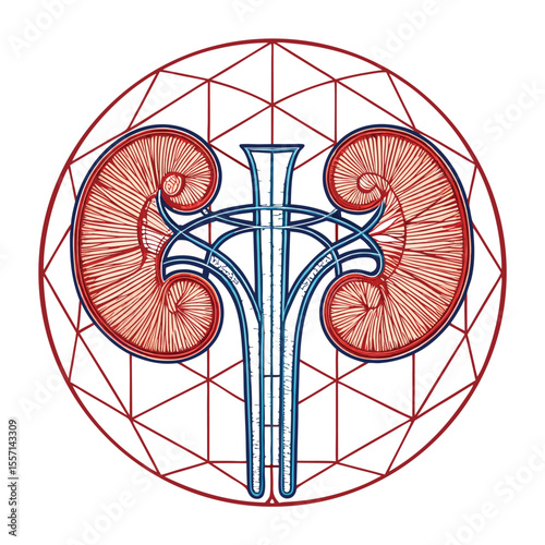 Medical logo design urinary system detailed anatomical drawing, kidneys, bladder, ureters, urethra.