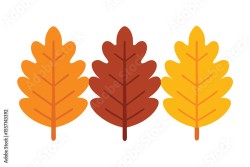 Three Cartoon Autumn Leaves in Orange, Brown, and Yellow Colors Isolated on White Background