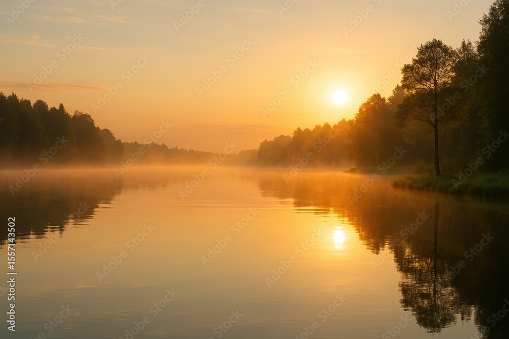 Fototapeta premium Dawn Mist Over a Peaceful Serene Lake
