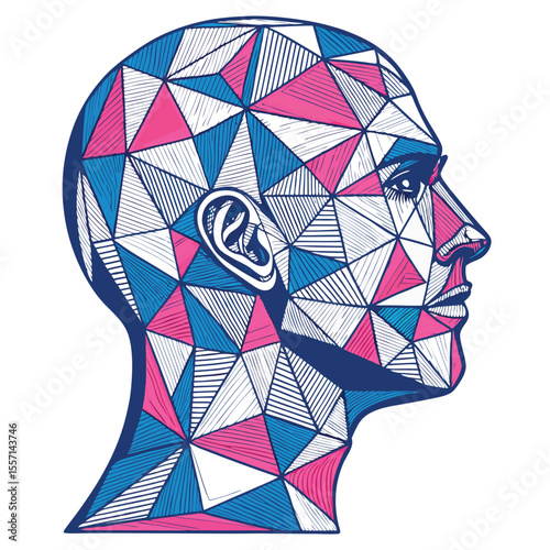Symmetrical polygon head comprised of mirrored triangles, sharp edges, digital art, geometric abstraction.