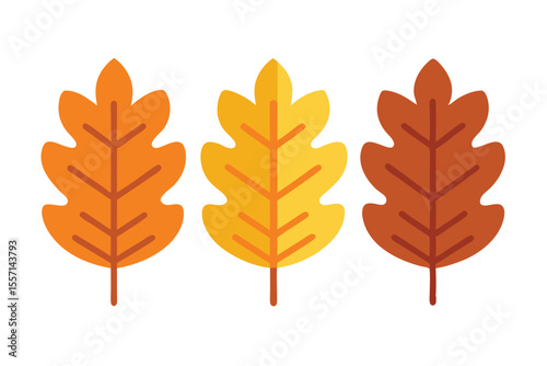Three Stylized Autumn Oak Leaves in Various Shades of Orange and Brown Flat Design