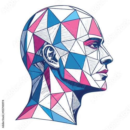 Symmetrical geometric polygon head made from mirrored triangles, futuristic, sharp edges, reflective.