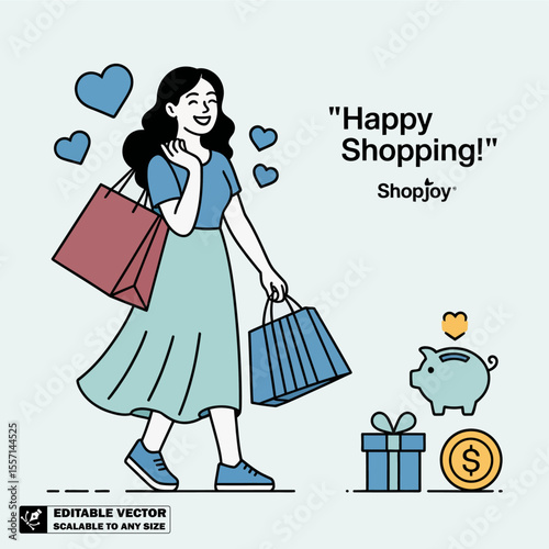 Happy shopping illustration of woman with shopping bags for retail sales and online store promotion use