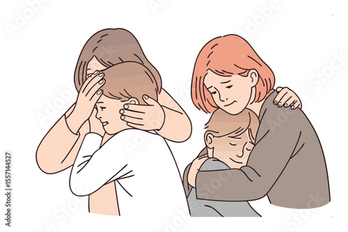 Support and Embrace: A heartwarming illustration depicts moments of comfort and care as adults embrace and support children. The image evokes empathy and portrays tenderness.