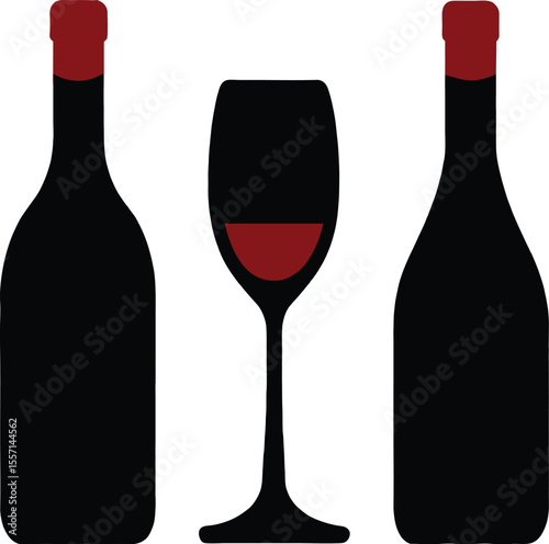 Elegant Wine Bottles and Wine Glass Silhouette on White Background
