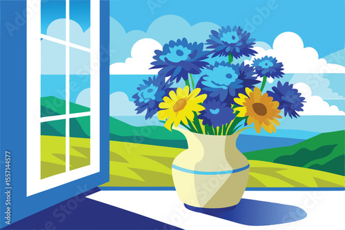 Vibrant Bouquet of Blue Cornflowers and Yellow Sunflowers by Window Overlooking Summer Landscape