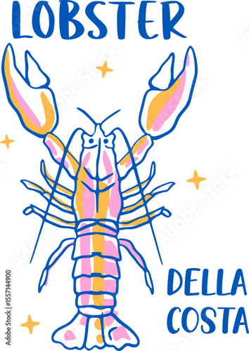 Italian doodle food. Summer sea food. Lemon Italian Amalfi beach sketch. Doodle wine cocktail, lobster, sardines. Vector summer sea beach illustration. Coastal Italy hand drawn vintage seafood icon bg