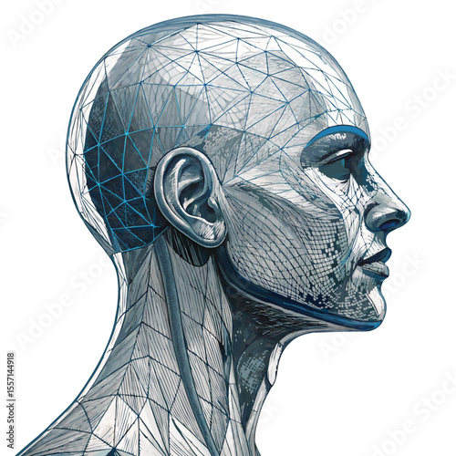 A transparent, wireframe model of a human head viewed in profile.