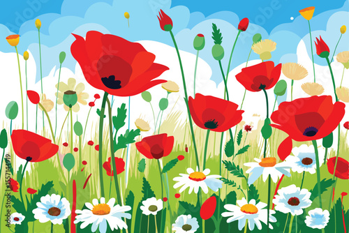 Vibrant Meadow Red Poppies, White Daisies, and Blue Sky Cartoon Illustration