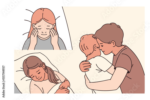Scenes of Comfort: A gentle illustration presents three touching scenes, one showing a young girl experiencing solitude, another of a comforting embrace, and a third depicting a girl at peace.