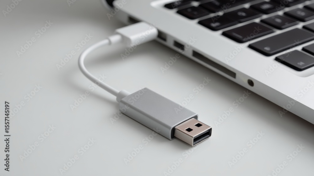 Fototapeta premium Close-up of a USB adapter plugged into a modern laptop with soft focus background perfect for technology visuals, data transfer concepts, connectivity themes and remote work scenes