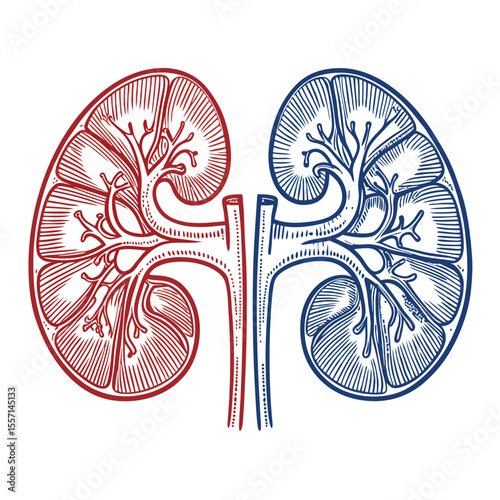 Minimalist art continuous line drawing kidneys, symmetrical arrangement, facing each other. Anatomical, clean.