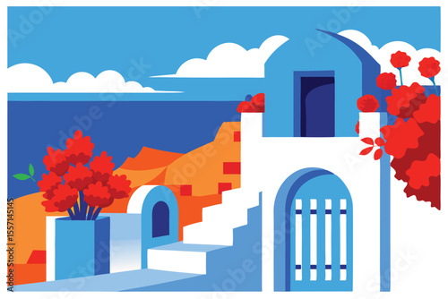 Vibrant SantoriniStyle Illustration Featuring Blue Buildings, Orange Cliffs, Red Flowers, and Cloudy Sky Over the Ocean