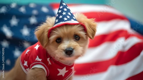Cute dog wear clothes in american flag colors. Independence Day or flag day