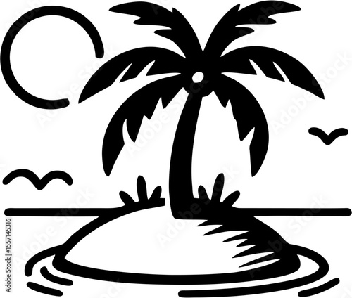 Tropical palm tree and mountain landscape silhouette black and white illustration
