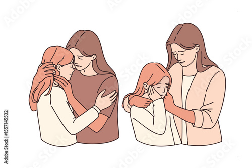 Two Girls in Solace: Two girls offer support and solace, providing comfort through gestures of embrace and empathetic touch, creating visual representation of female emotional connection and support.