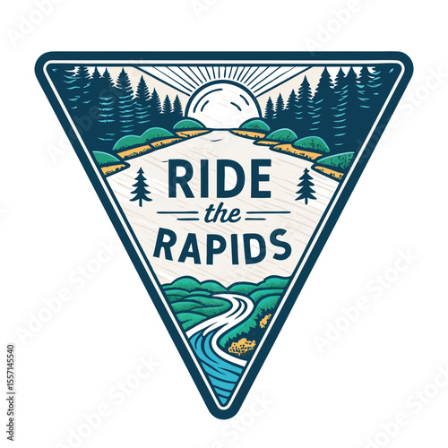 Triangle badge, wild river, flowing water, text "ride the", adventure, outdoors, stylized, graphic emblem.