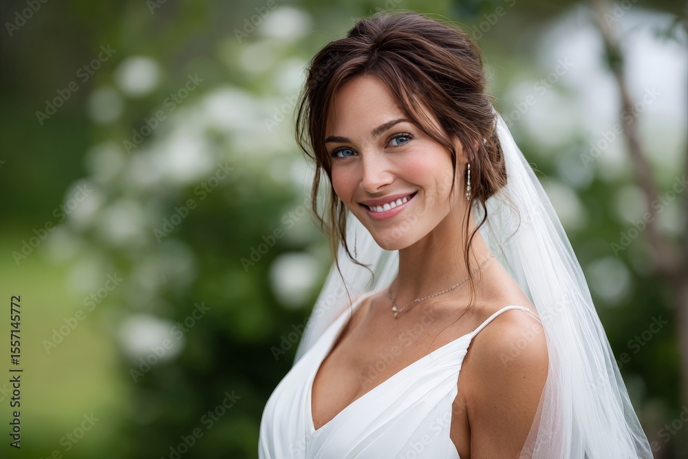 Fototapeta premium Joyful Bride Smiling Softly While Holding Veil in Beautiful Setting