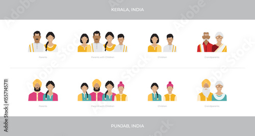 Cultural clothing diversity of India. Kerala hindu and Punjabi sikh families with grandparents, parents and children