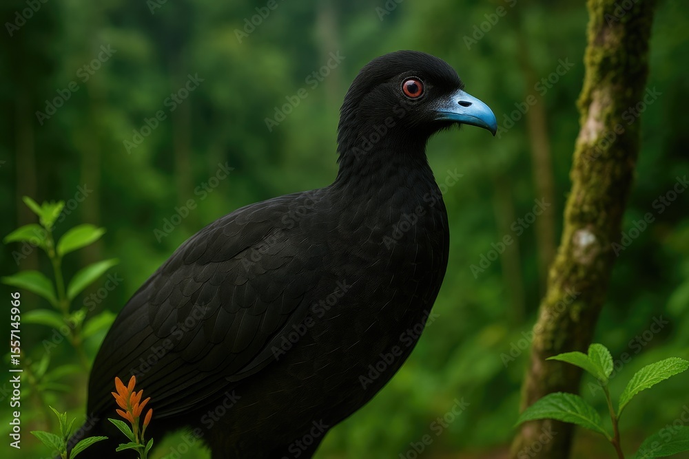 Obraz premium Close-up of a dark tropical bird with a blue beak and red eyes in its mountain rainforest habitat