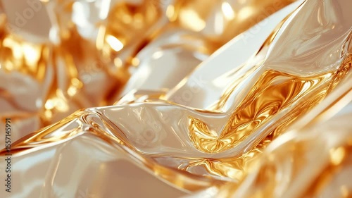 Glossy abstract background with soft golden liquid textures. The shiny surface creates an elegant and luxurious appearance with fluid reflections and smooth flowing curves