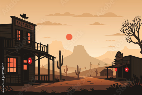 Vector scene Western showdown, dusty street, two cowboys facing off, classic duel, cinematic lighting.