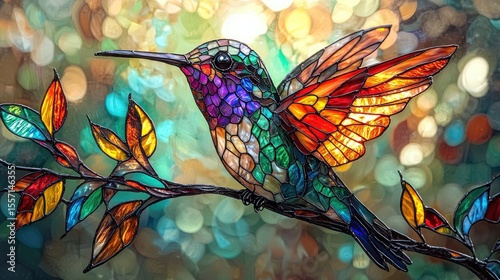 Vibrant hummingbird depicted in stained glass art.