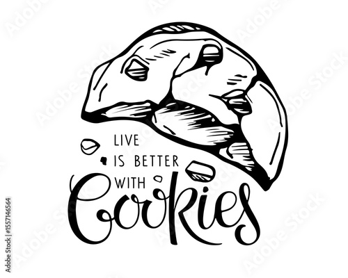 Live is better with Cookies lettering with hand drawn sketch element isolated on white background. Typography poster for cafe, menu, recipe books, Baking cookbook. Hand written calligraphy quote.