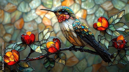 Detailed stained glass hummingbird perched on a branch with flowers.
