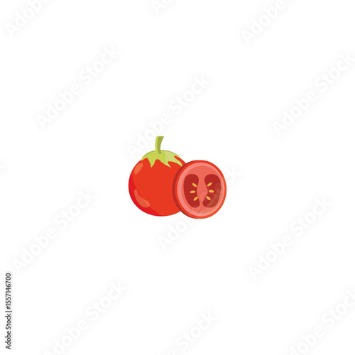 Vector illustration of a whole tomato and a sliced tomato half, clean and colorful style on white background. Perfect for food design, agriculture, healthy eating, and cooking content.

