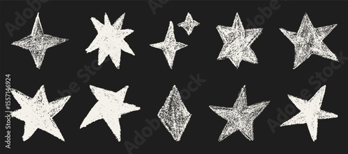 Set of chalk doodle stars. Grunge white stars with crayon texture. Hand drawing shape in kid sketch style on black background.	