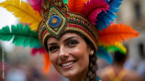 A woman wearing a colorful feathered headdress smiles at the camera during a carnival celebration