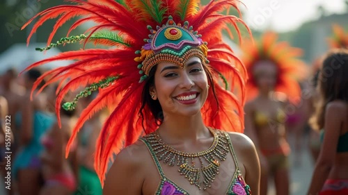 A woman wearing a colorful feathered headdress smiles at the camera during a carnival celebration