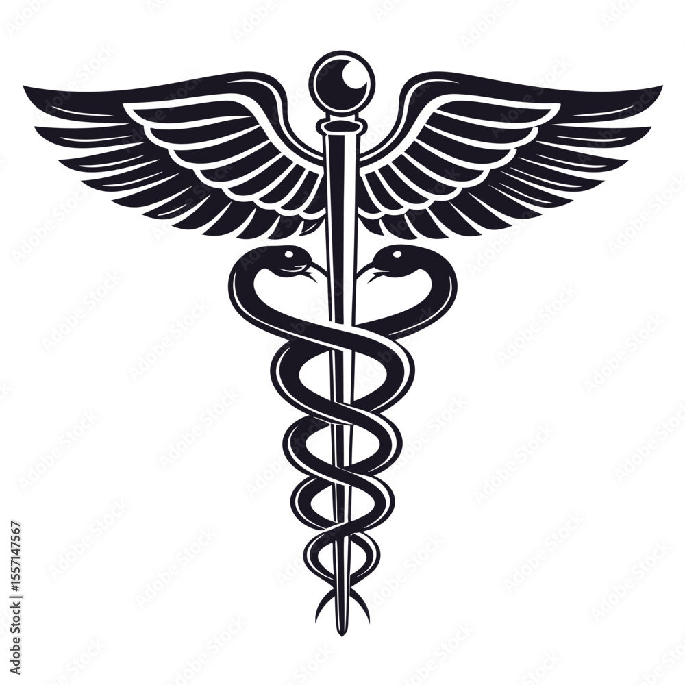 Ginjal, ureter, kandung kemih, uretra terintegrasi dalam lambang medis Caduceus.