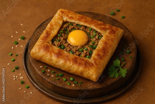 The preparation of a savory stuffed pastry filled with egg, meat, and spices, cooked on a pan