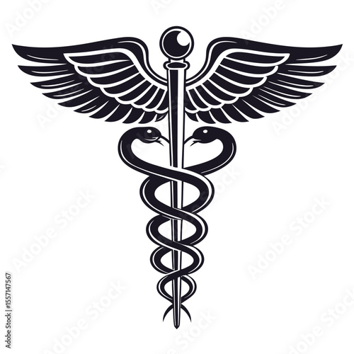 Ginjal, ureter, kandung kemih, uretra terintegrasi dalam lambang medis Caduceus.