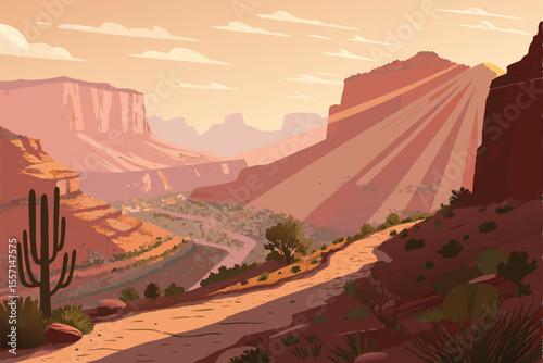Sunrise paints a vibrant desert canyon in warm hues; layered rock formations dominate the scene.
