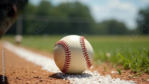 A baseball rests on the white line of a baseball field on a sunny day