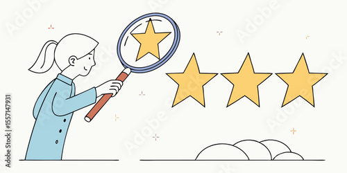 Hand with a magnifying glass look at the fifth star in a row. User experience. Service rating. Modern collage style. application, approval, assessment, best, choice, client, evaluation, excellent, 