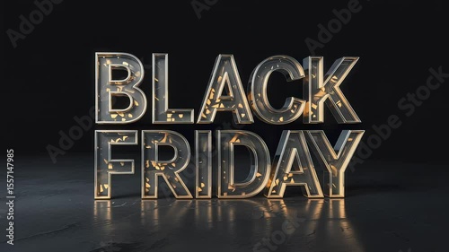 Bold glass typography spelling out Black Friday with glowing golden accents on a dark background, in an inspired 3D style