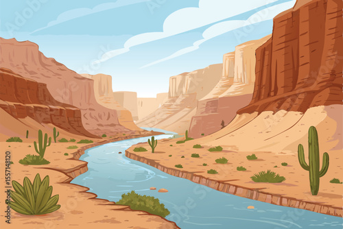 Vector art Desert river winding, orange sand dunes, blue sky, distant mountains, minimalist, geometric shapes.
