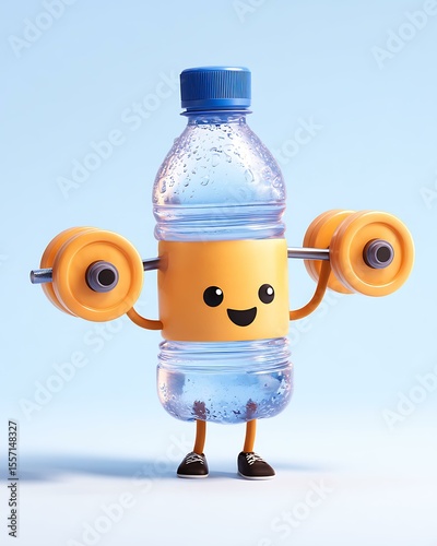 Water bottle character lifting dumbbells on white background