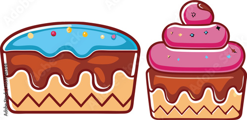 Two cartoon cakes with chocolate and colorful frosting illustration