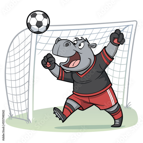 Kuda nil berotot dengan sarung tangan penjaga gawang menghalangi bola sepak kartun.