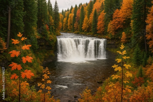 Fototapeta Naklejka Na Ścianę i Meble -  Autumn landscape featuring a waterfall flowing into a river, framed by coniferous trees, vibrant fall leaves, and young plants in the foreground.
