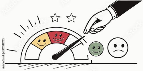  hand moves arrow on user feedback scale from sad to happy mark. Modern photo collage style.client, arrow, best, change, emotion, feedback, good, improve, improvement, joy, kind, like, management,