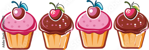 Four Cartoon Cupcakes with Cherries and Pink and Chocolate Frosting