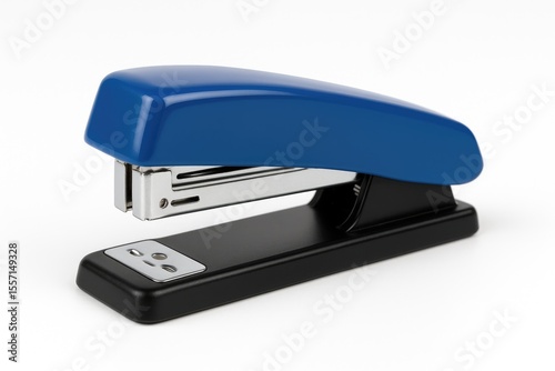 Desktop stapler on plain white backdrop